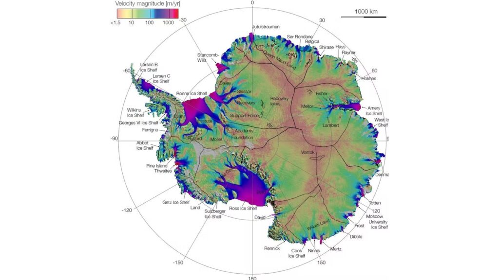 Carte de l'Antarctique vue du ciel. // Source : NASA's Goddard Space Flight Center Scientific Visualization Studio