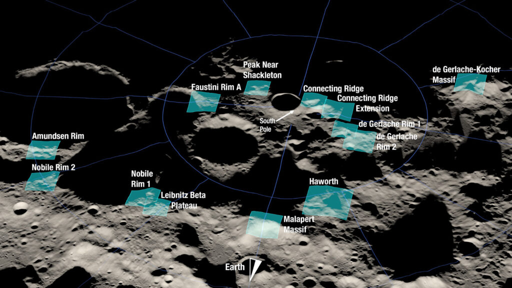 Les 13 sites possibles pour l'atterrissage lunaire de la mission Artémis III. // Source : Nasa