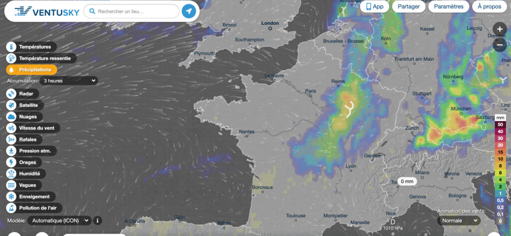 Les précipitations en Europe de l'Ouest lors du soir du 19 août. // Source : Numerama