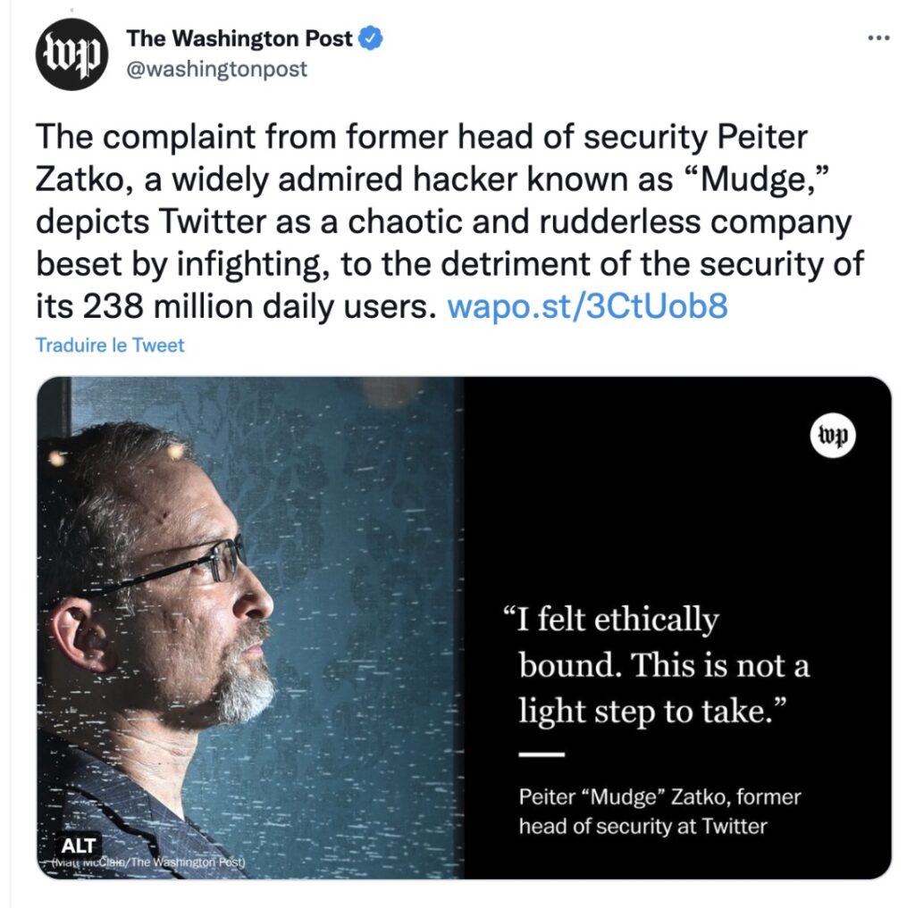 Peiter Zatko s'est confirmé au Washington Post après avoir déposé plainte. // Source : Twitter