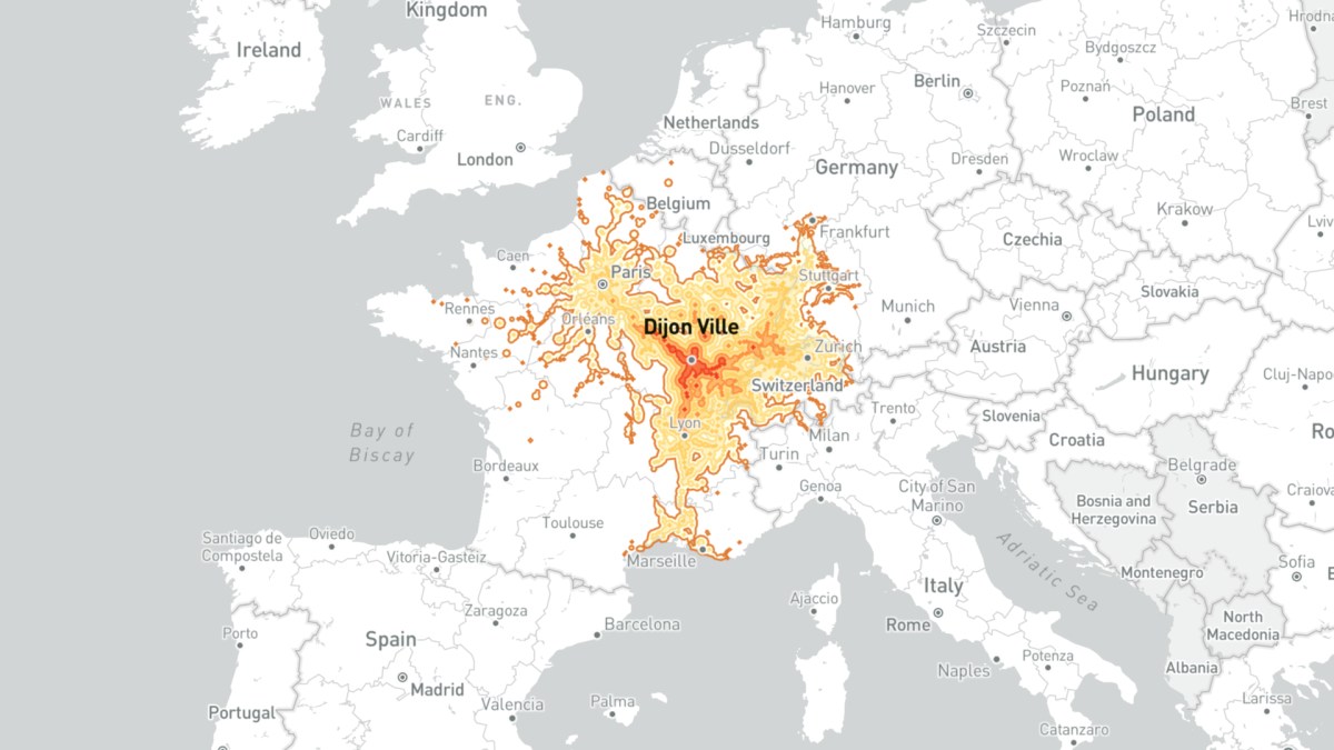 Les destinations depuis Dijon, à moins de 5 heures de train. // Source : Capture d'écran Chronotrains