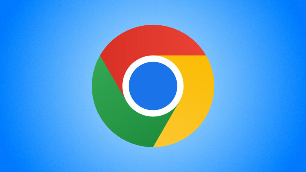 Chrome logo.  // Source: Wikimedia/CC/Google;  background Nino Barbey for Numerama