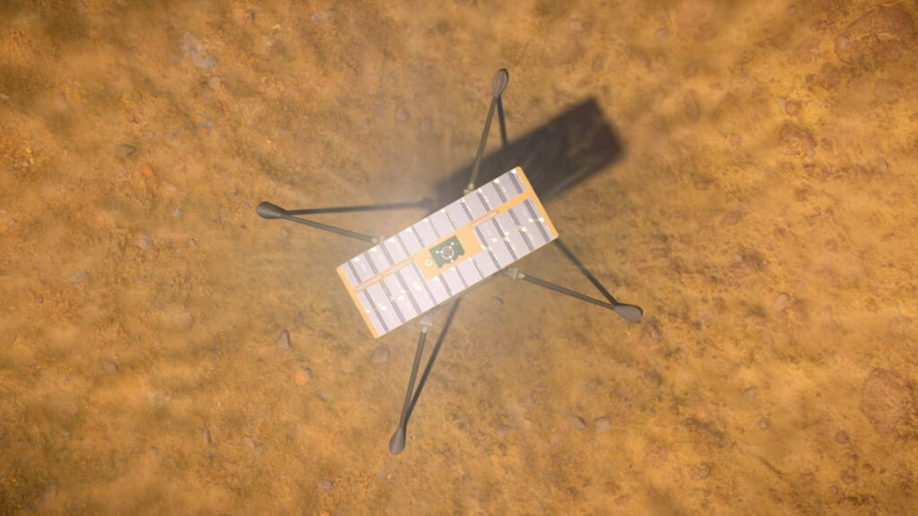 Ingenuity sur Mars, vue d'artiste. // Source : Capture d'écran YouTube Nasa Jet Propulsion Laboratory
