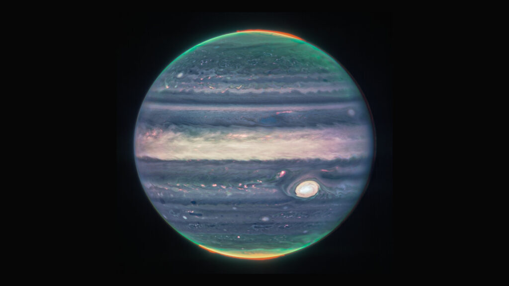 Jowisz widziany przez JWST.  // Źródło: NASA, ESA, CSA, Jupiter ERS Team;  Przetwarzanie obrazu przez Judy Schmidt.