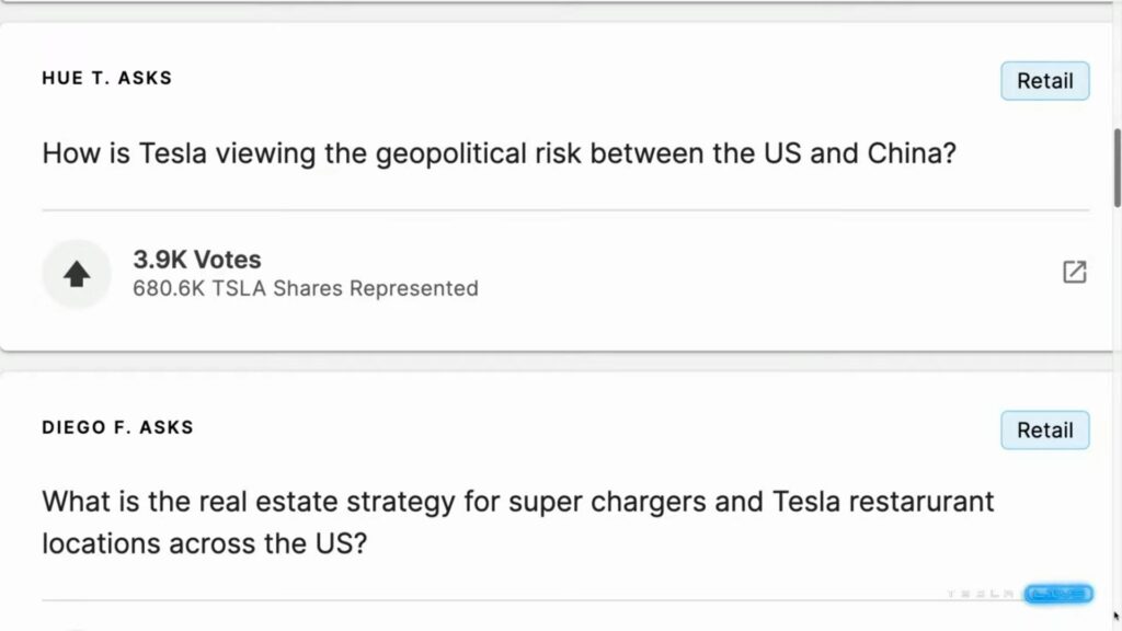 Les actionnaires posent des questions sensibles // Source : Capture du live Tesla