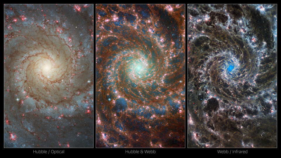 Les différentes observations de M74 à l'aide de Hubble, de Hubble et Webb, et de l'infrarouge seulement de Webb. // Source : ESA