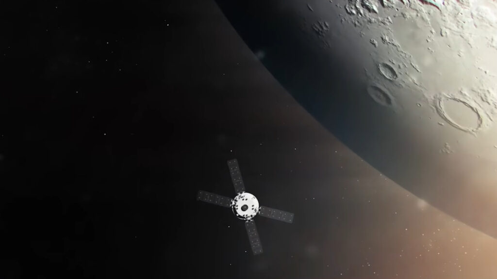 Orion approchant de la Lune, extrait d'une animation. // Source : Capture d'écran YouTube Nasa