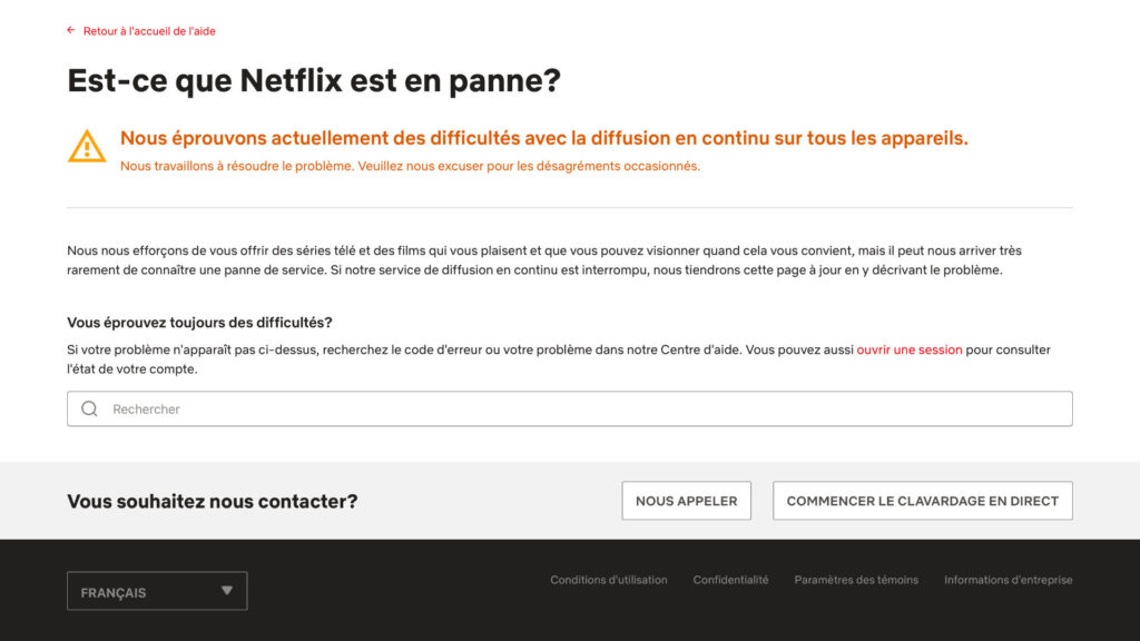 Netflix indique que son service est en panne. // Source : Capture d'écran du site de Netflix, le 19 août à 18h20.