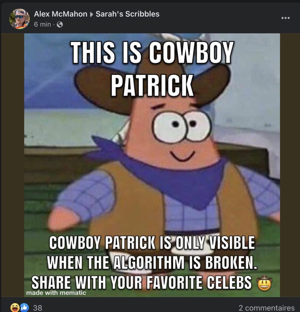 Un internaute s'amuse à partager une photo de Patrick l'étoile de mer pour abuser du bug Facebook // Source : Capture Numerama
