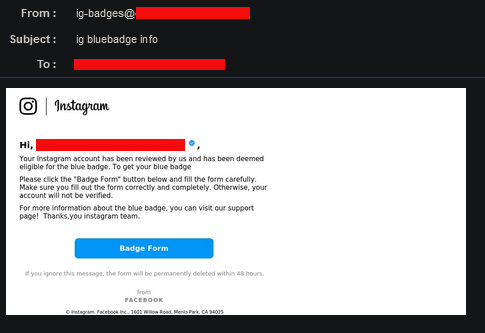 Un exemple de mail de phishing pour récupérer les données instagram // Source : Vade