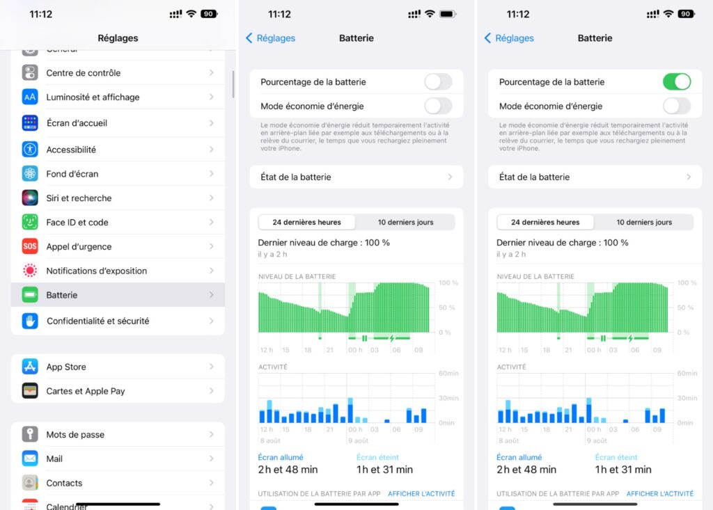 Pourcentage batterie iPhone X