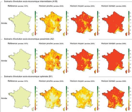 Projections de la sécheresse en France selon 3 scénarios. // Source : MétéoFrance/ClimSec