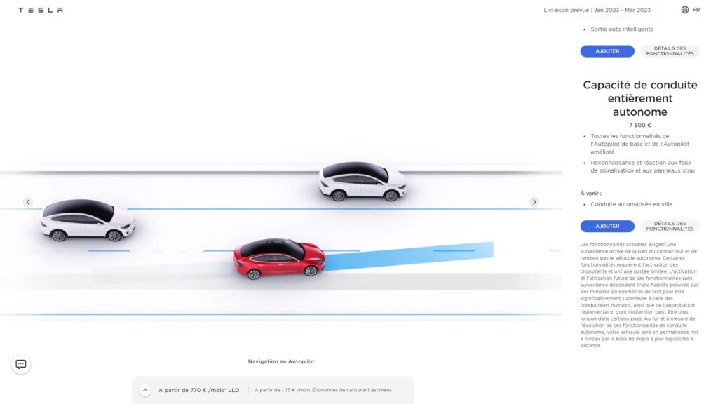 Fonctionnalités Autopilot  // Source : Capture du site Tesla