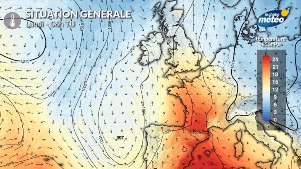 La masse d'air chaude remonte, car les vents passent par l'Espagne. // Source : La Chaine Météo