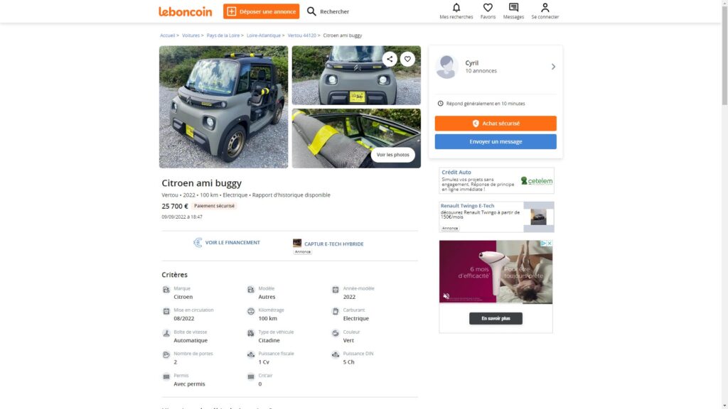 Citroen Ami Buggy en vente sur leboncoin // Source : Capture du site Leboncoin