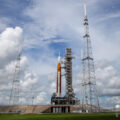The SLS rocket on its launch pad.  // Source: Flickr/CC/NASA/Joel Kowsky (cropped photo)