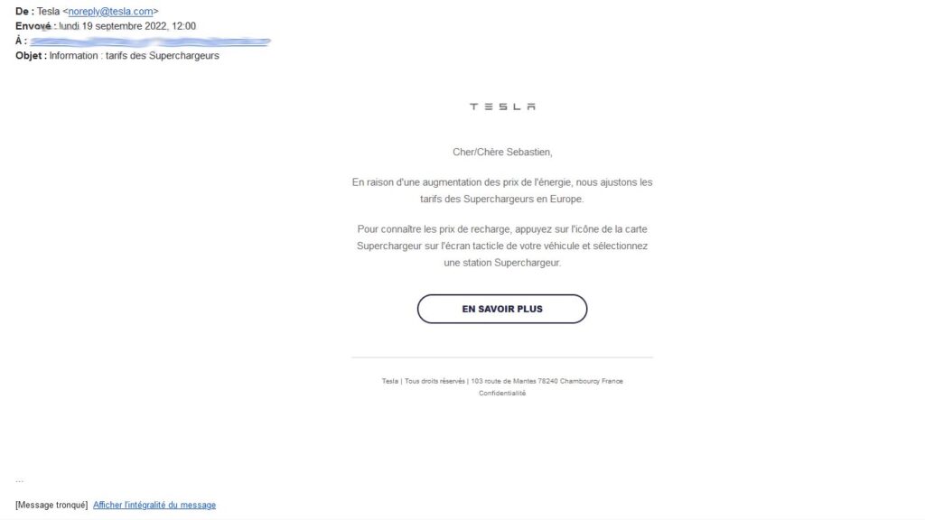 Tesla email d'augmentation des superchargeurs // Source : Tesla