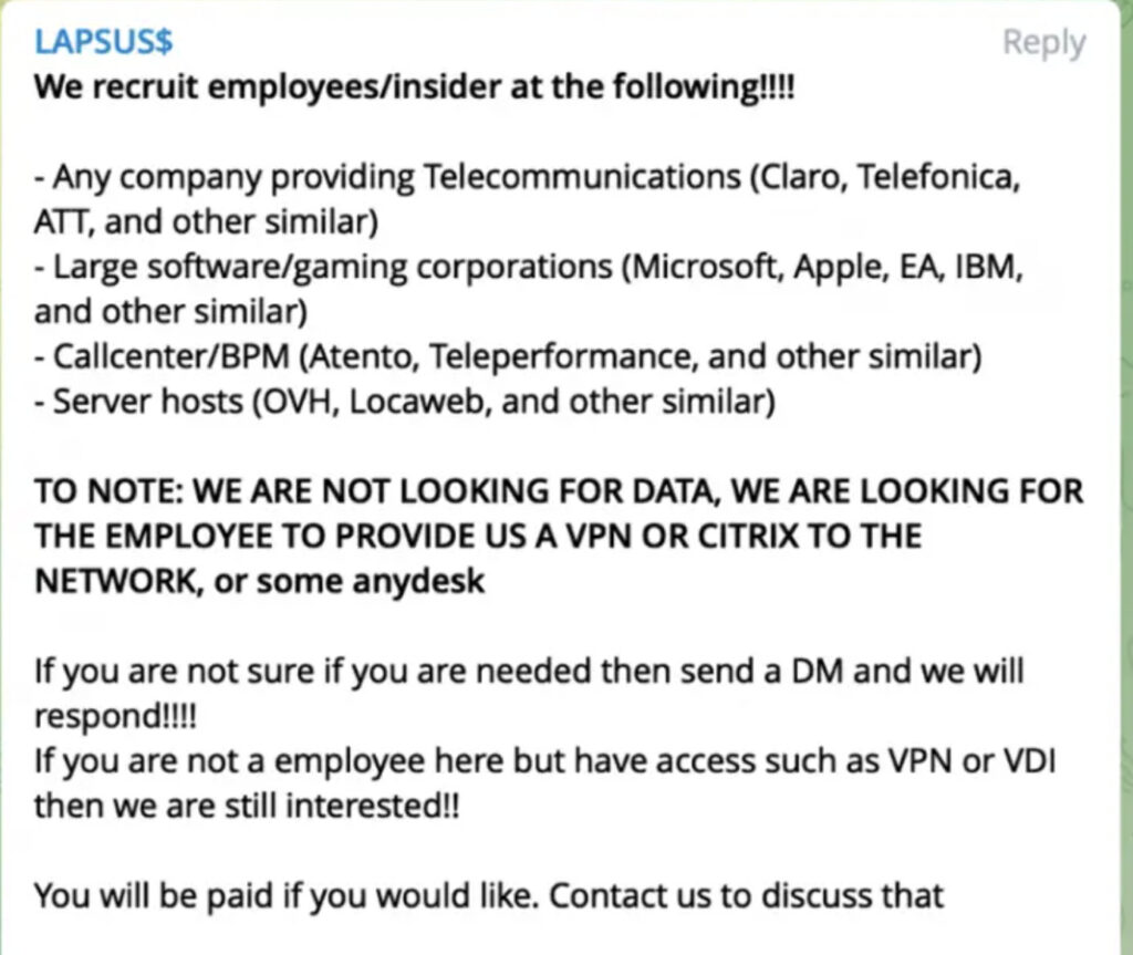Sur un groupe Telegram, Lapsus$ invite des employés de grands groupes de la tech à les rejoindre. // Source : Numerama