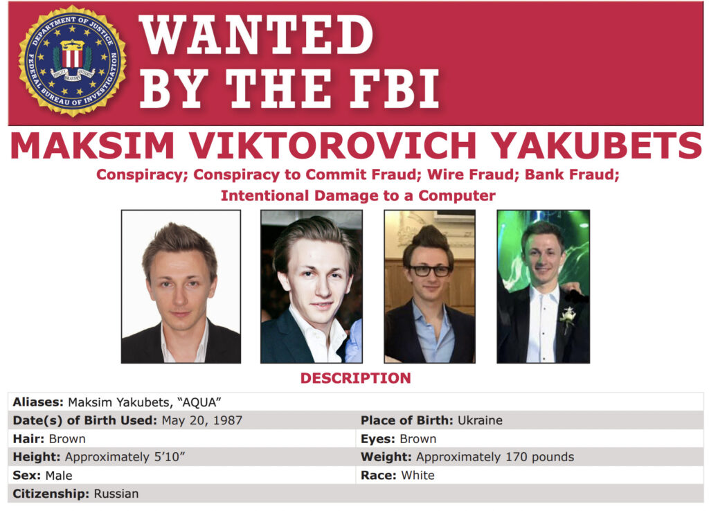 Maksim Yakubets est recherché par le FBI depuis 2019 pour plusieurs cyberattaques, dont une menée contre Apple. // Source : FBI
