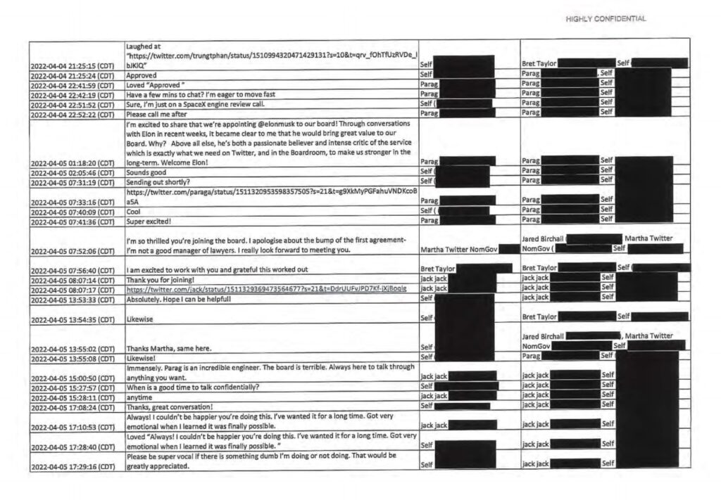 Les SMS envoyés et reçus par Elon Musk sont présentés comme ça. Ceux-ci datent du jour où Elon Musk a rejoint le conseil d'administration de Twitter. // Source : Cour de Justice du Delaware