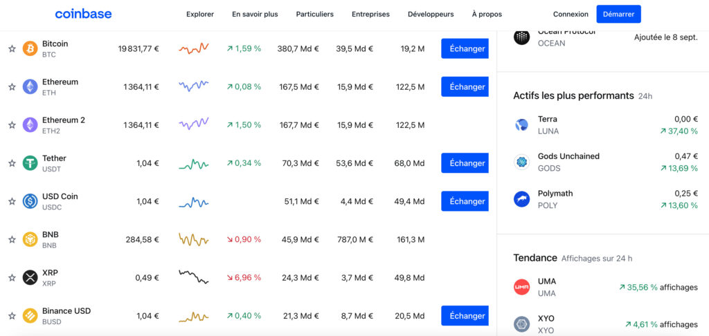 La page d'accueil de Coinbase // Source : Coinbase