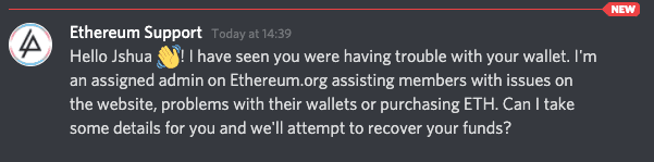 Un exemple de faux message. // Source : Capture de la page d'avertissement d'Ethereum.org