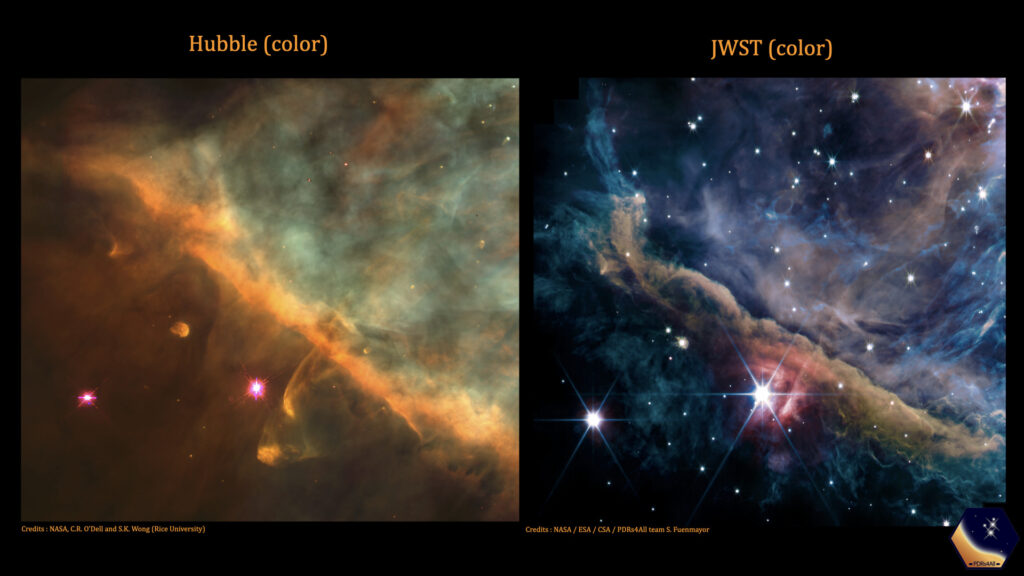 La nébuleuse d'Orion vue par Hubble (à gauche) et par James Webb (à droite). // Source : NASA, ESA, CSA, PDRs4All ERS Team
