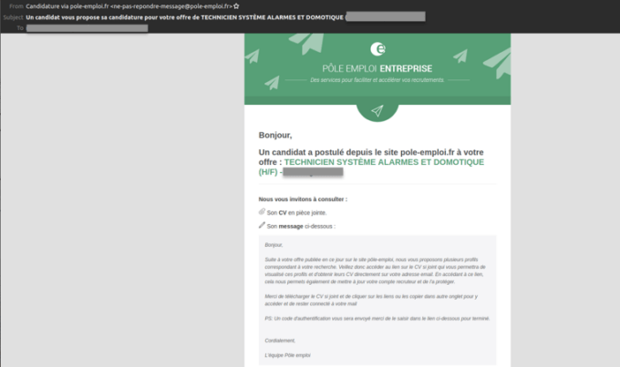 Le premier message est légitimement partagé par Pôle emploi. L'employeur n'a aucune raison de soupçonner un piège à ce stade là. // Source : Vade Le premier message est légitimement partagé par Pôle emploi. L'employeur n'a aucune raison de soupçonner un piège à ce stade là. // Source : Vade