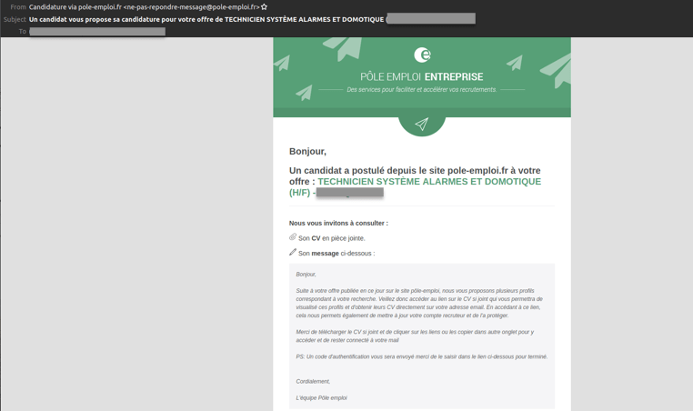 Le premier message est légitimement partagé par Pôle emploi. L'employeur n'a aucune raison de soupçonner un piège à ce stade là. // Source : Vade