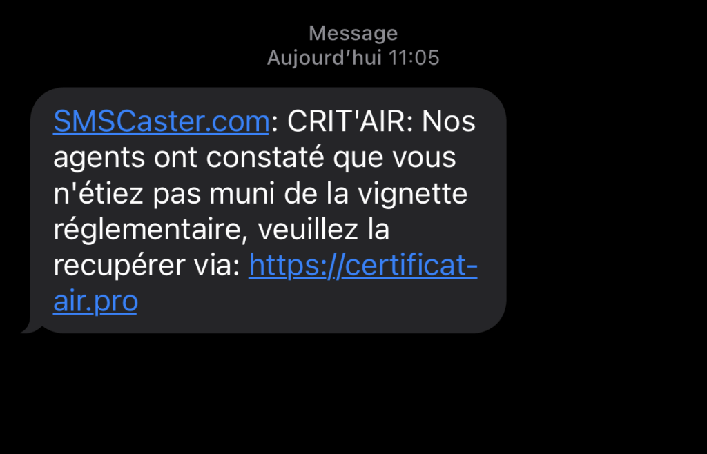 Un SMS renvoyant vers un faux site Crit'air. // Source : Numerama