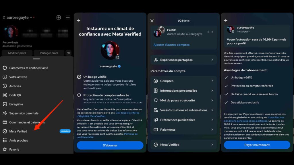 Les étapes pour s'abonner à Meta Verified // Source : Captures d'écran Numerama