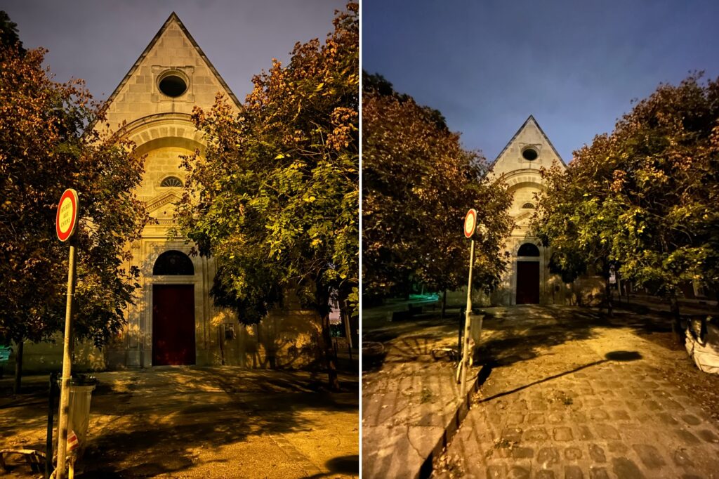 Grâce au mode nuit, l'appareil photo principal de l'iPhone 14 (à gauche) s'en sort bien. L'ultra grand-angle (à droite) est un peu plus décevant. // Source : Numerama