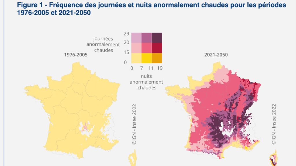 Sur la période 2021-2050, il y aura en moyenne, chaque été en Île-de-France, de 16 à 20 journées et de 8 à 11 nuits anormalement chaudes. Avant 2005, la région subissait au maximum 15 journées et 7 nuits anormalement chaudes. // Source : MétéoFrance/Insee