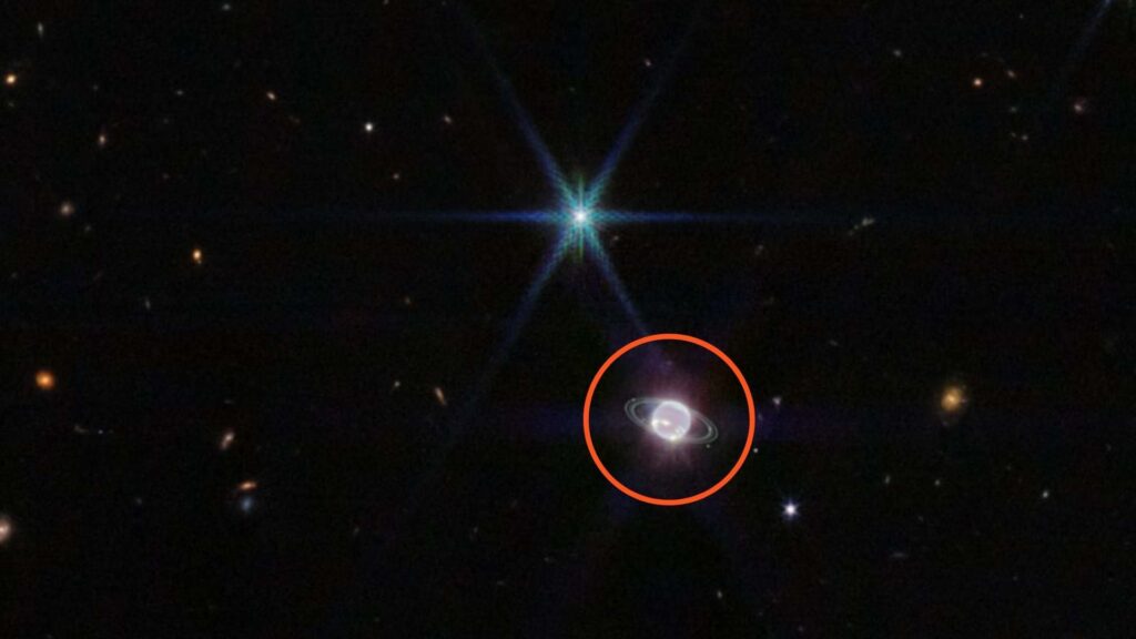 Zoom arrière dans l'image. Neptune est encerclée en rouge. // Source : Via Twitter @NASAWebb (photo recadrée et annotée)