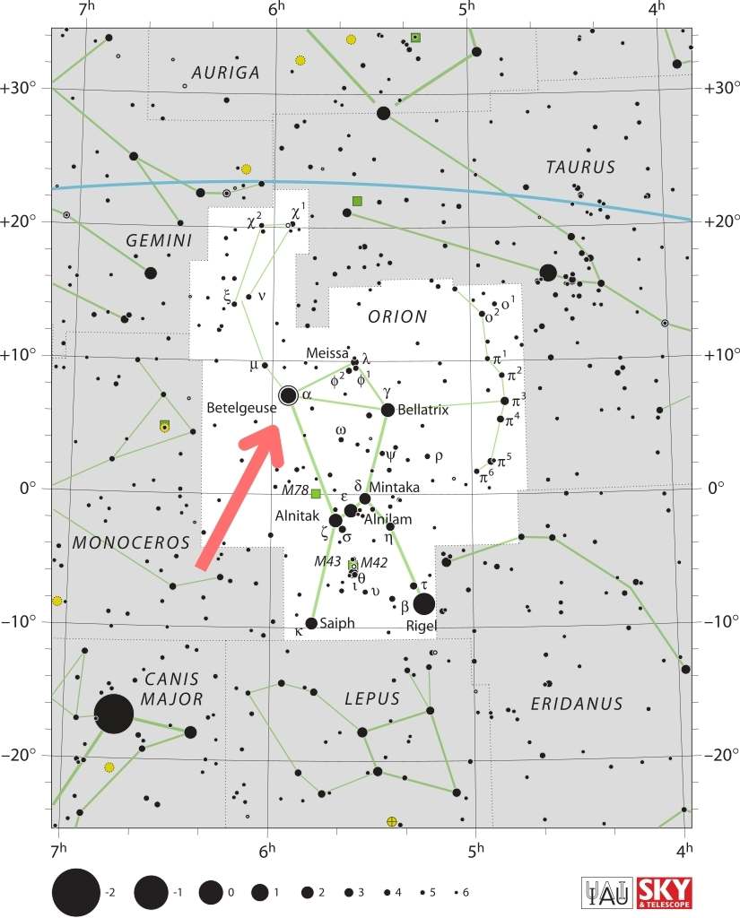 Position de Bételgeuse dans Orion. // Source : Wikimedia/CC/IAU and Sky & Telescope magazine (Roger Sinnott & Rick Fienberg)
