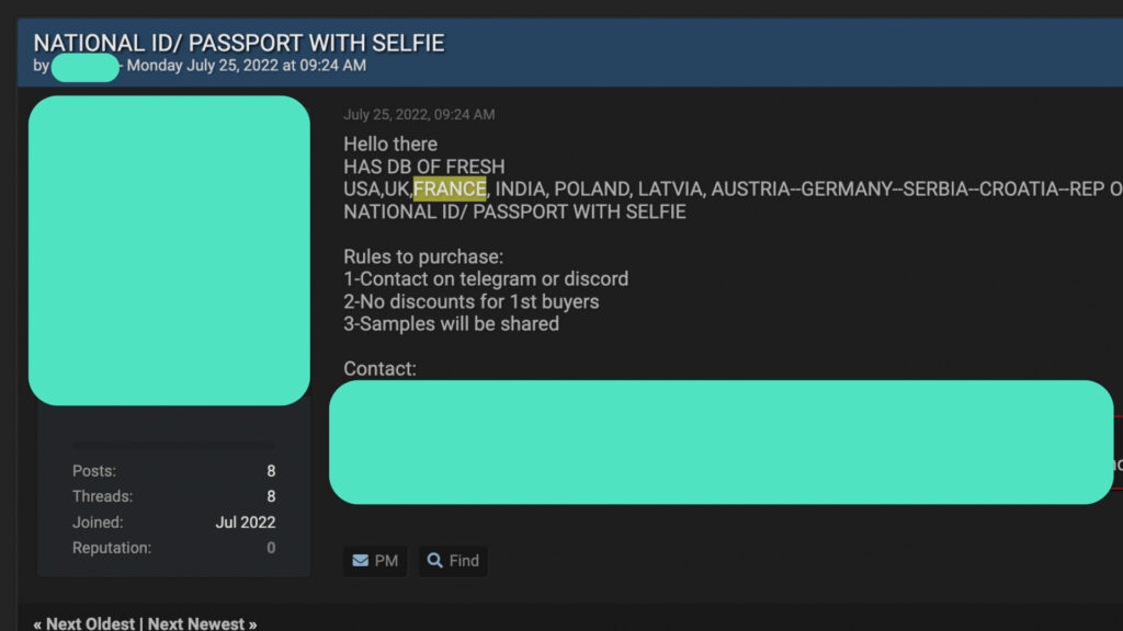 L'annonce de la vente de document d'identité sur un forum fréquenté par les hackers. // Source : Numerama