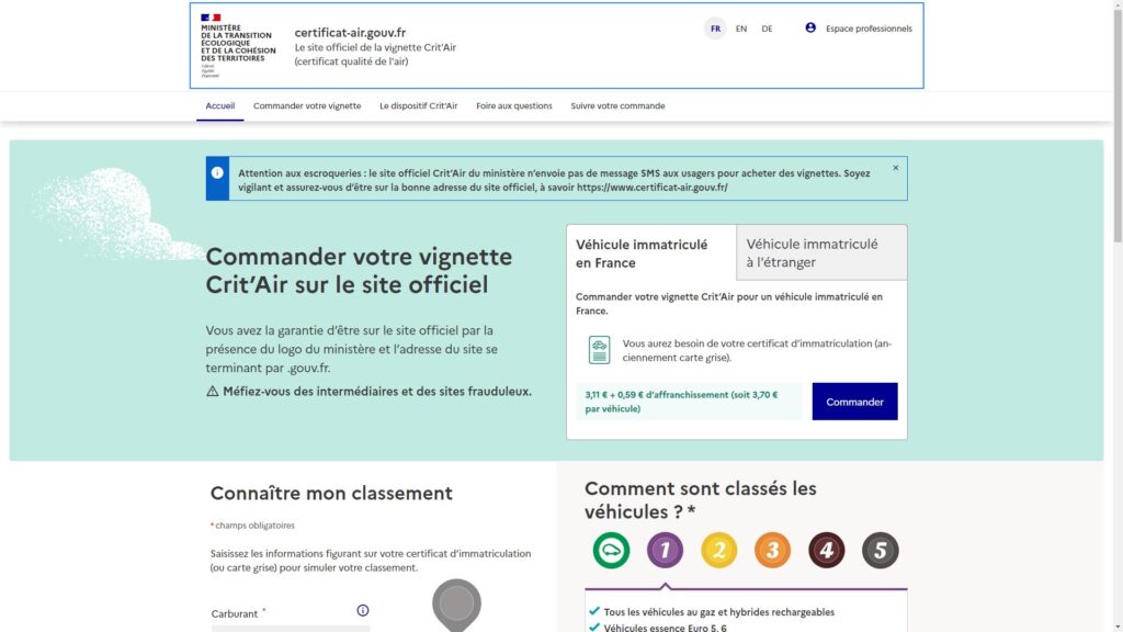 Site officiel de la vignette crit air // Source : Capture site officiel