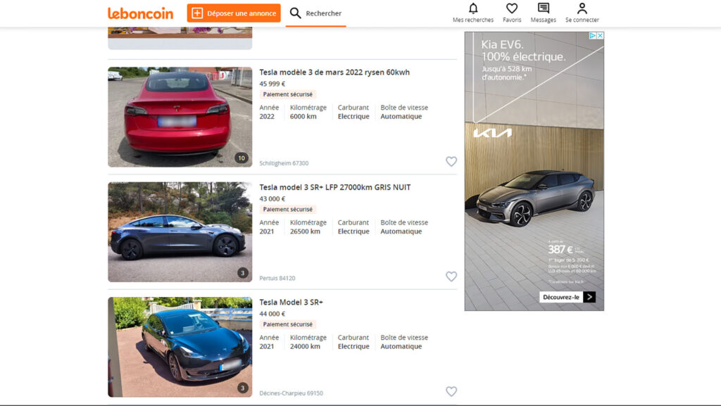Exemples d'annonces Model 3 // Source : Capture du site Leboncoin
