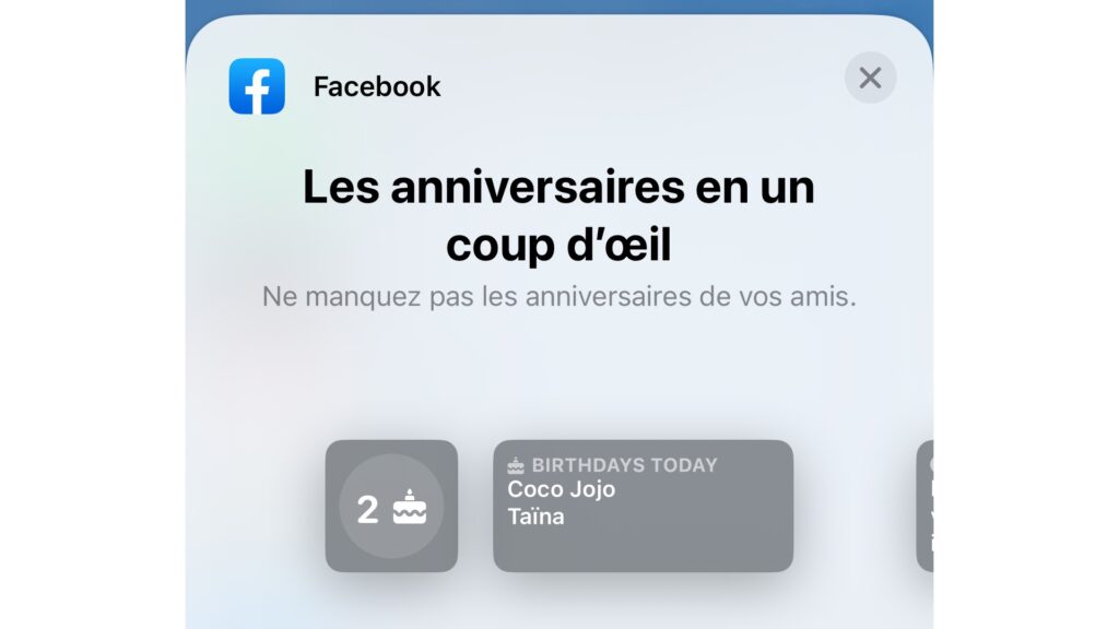Les widgets de Facebook sont dédiés aux anniversaires. // Source : Numerama