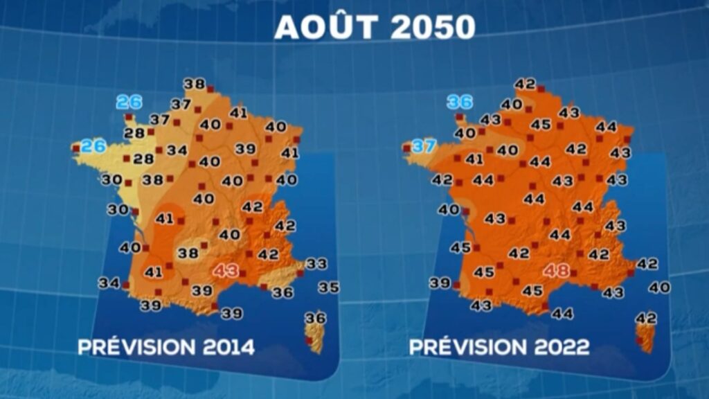Différence entre la projection 2014 et la projection 2022, pour une canicule de 2050. // Source : TF1/Météo-France