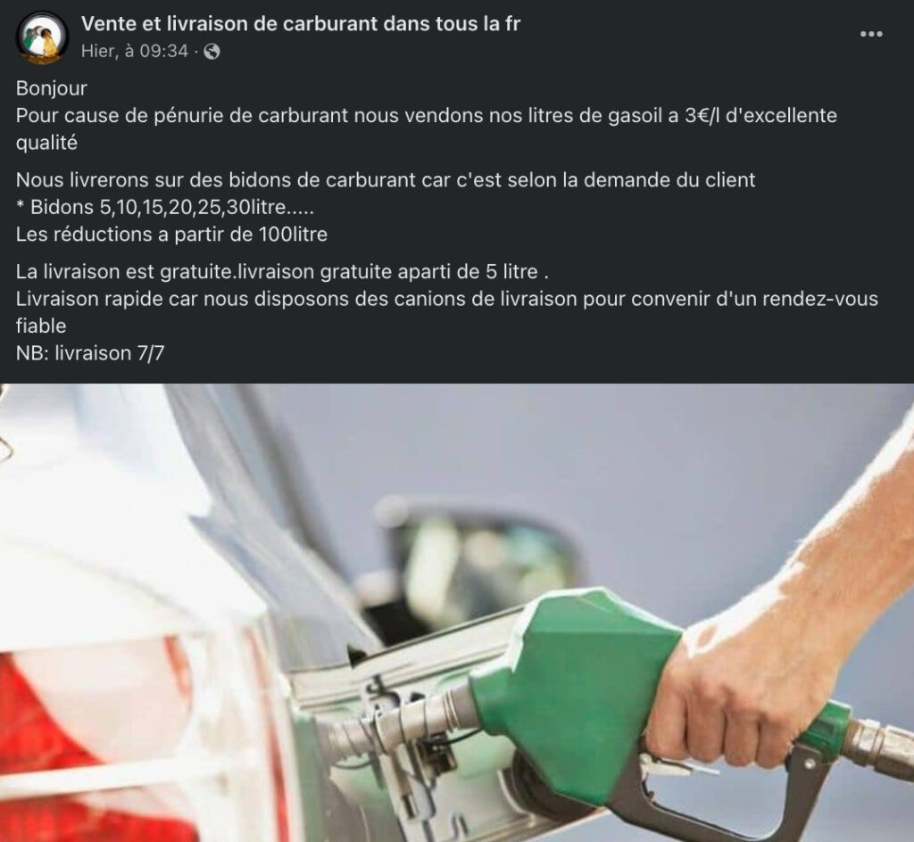 Cette publication sponsorisée sur Facebook vous propose d'acheter de l'essence, mais il s'agit d'une arnaque // Source : Capture d'écran Numerama