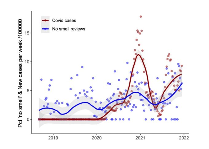 La ligne rouge représente les cas de covid. La ligne bleue concerne les commentaires négatifs mentionnant l'absence d'odeur des bougies Yankee Candles. // Source : Nick Beauchamps & al. La ligne rouge représente les cas de covid. La ligne bleue concerne les commentaires négatifs mentionnant l'absence d'odeur des bougies Yankee Candles. // Source : Nick Beauchamps & al.
