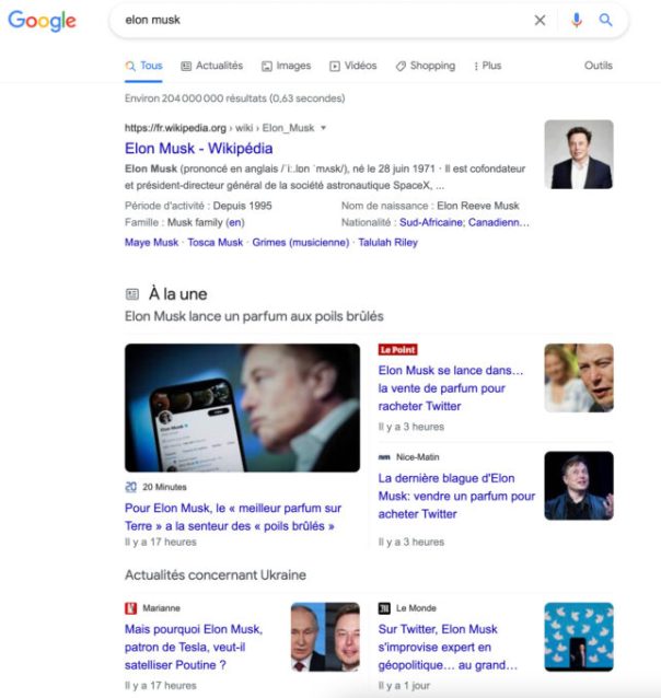 Une recherche "Elon Musk" sur Google.fr ce 13 octobre permet de mesurer le grand écart médiatique // Source : Capture d'écran Google Une recherche "Elon Musk" sur Google.fr ce 13 octobre permet de mesurer le grand écart médiatique // Source : Capture d'écran Google