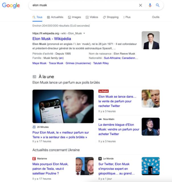 Une recherche "Elon Musk" sur Google.fr ce 13 octobre permet de mesurer le grand écart médiatique // Source : Capture d'écran Google