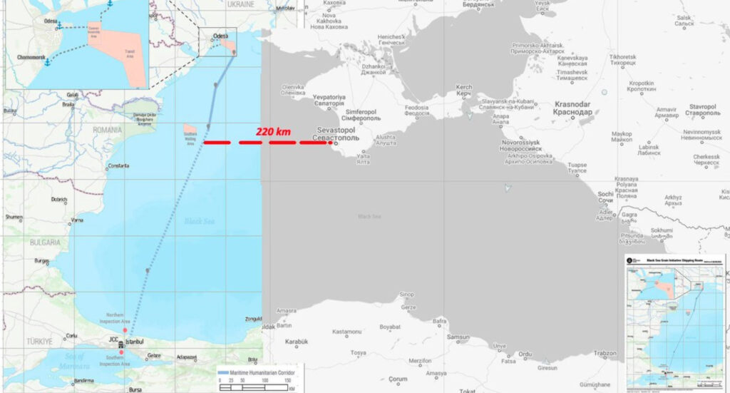 The humanitarian corridor in blue is very far from the Sebastopol axis.  // Source: Euromaidan Press