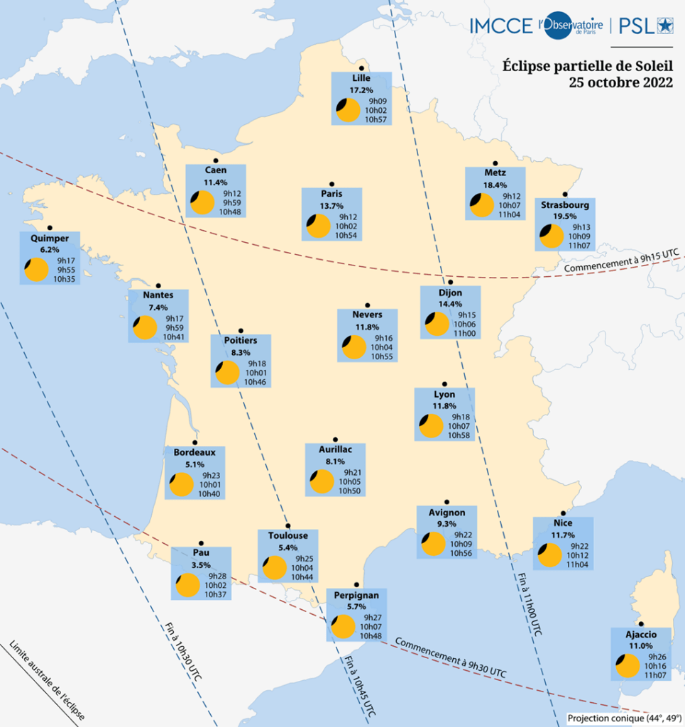 Visibilité de l'éclipse en France. // Source : IMCCE