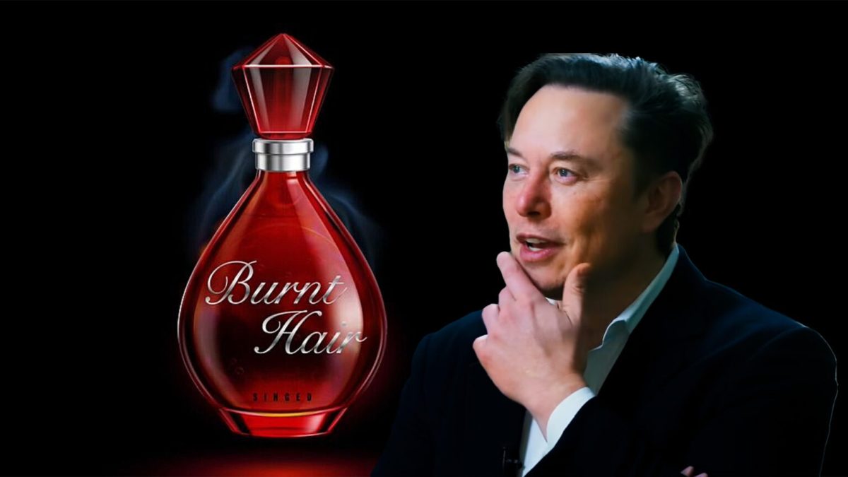 Elon Musk et son parfum "poils brûlés" // Source : YouTube/Montage Nino Barbey pour Numerama