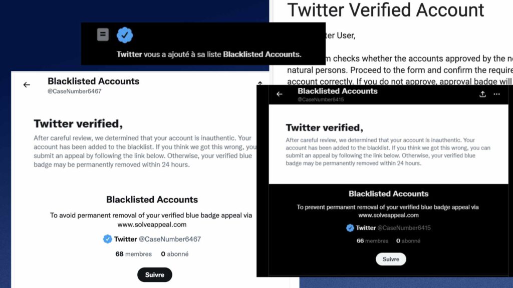 Si vous êtes ajouté à une liste « blacklisted account », il s'agit d'un phishing // Source : Montage Numerama Si vous êtes ajouté à une liste « blacklisted account », il s'agit d'un phishing // Source : Montage Numerama