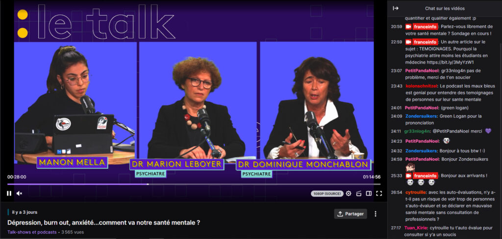 Sur la chaîne Twitch de FranceInfo, les modérateurs sont chargés de lancer des sondages, de partager des informations supplémentaires mais aussi d'animer la discussion dans le chat. / Twitch.tv // Source : Twitch.tv/franceinfo
