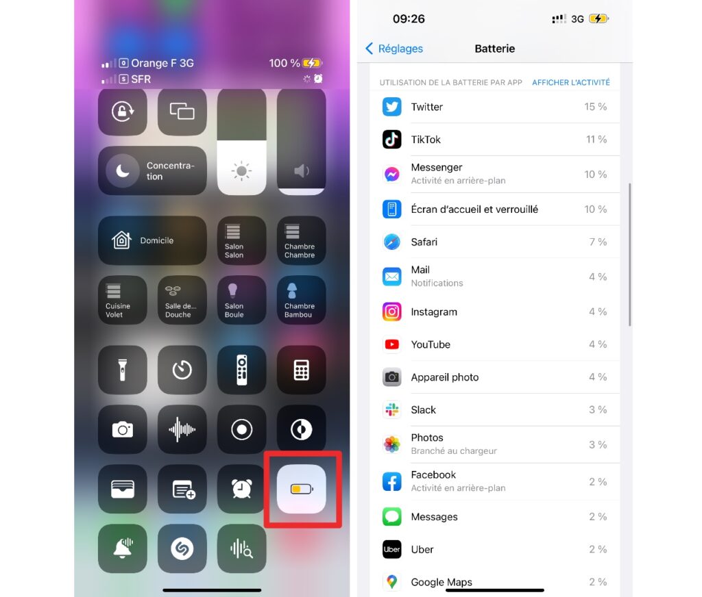 Power saving mode activates in the control center.  In the settings, we can see the percentage of battery consumed by each application.  // Source: Numerama